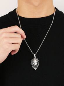 1 Stück modischer vintage Kette mit Anhänger in Form eines Löwenkopfes als heiliger Wächter, unisex Edelstahl Punk Stil lange Pullover Kette, beliebtes Accessoire Geschenk für Männer & Frauen