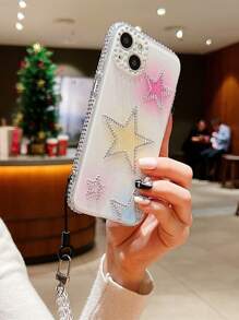 1 pieza Funda de teléfono transparente de alta moda con adorno de strass, impresión de alta definición de estrella y decoración de strass, con colgante de perla, compatible con teléfonos Apple y - Multicolor - Ver 1