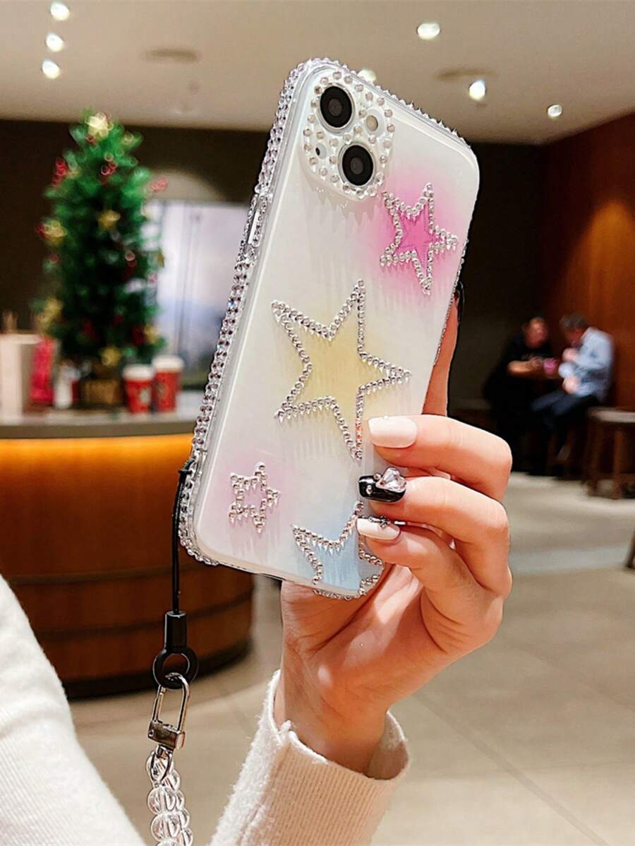 1 pieza Funda de teléfono transparente de alta moda con adorno de strass, impresión de alta definición de estrella y decoración de strass, con colgante de perla, compatible con teléfonos Apple y - Multicolor - Ver 1