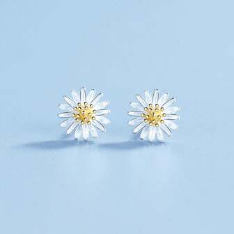 1對銀色向日葵形耳釘，設計師女士日常優雅飾品