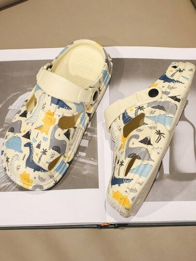 1 Pair Girls Cartoon Printed Anti-Slip Flat Slip-On Sandals, Suitable For Summer