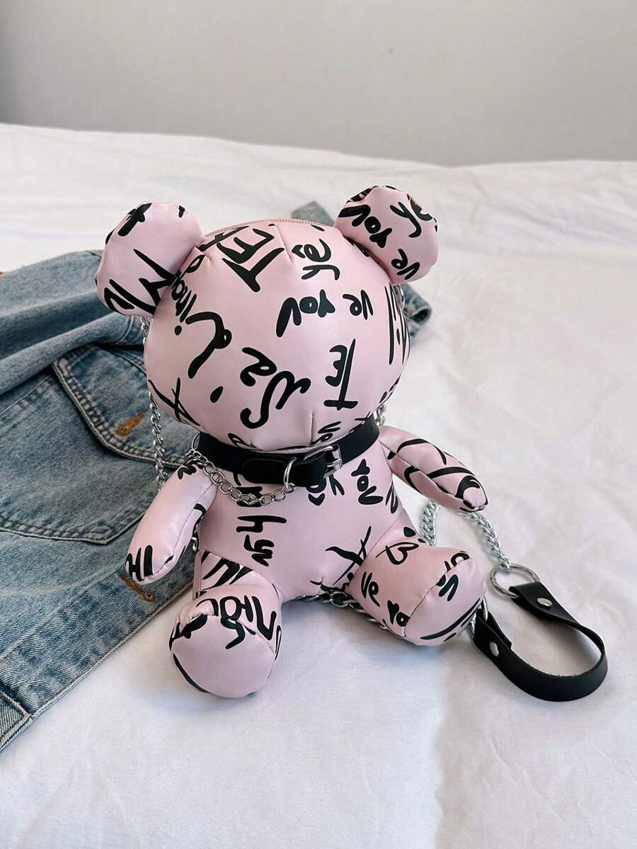 時尚熊設計印花斜背包 - 粉色 - 查看 1
