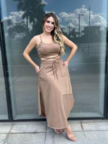 Women Two-Piece Outfits - 卡其色 - 查看 3