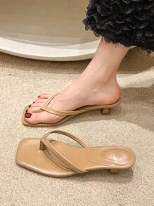 女款方頭無後跟拖鞋，新款法式中跟涼鞋，淺色薄跟適合休閒舒適和戶外沙灘穿著，歐美風格 - 杏色 - 查看 4