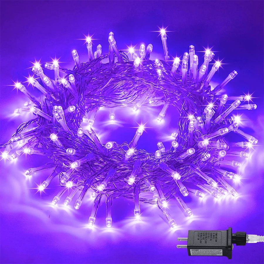JMEXSUSS Connectable 100 LED Purple Halloween Lights Indoor, 8 Modes Plug In Purple Christmas String Lights Clear Wire, 33ft Christmas Tree Light Outdoor For Halloween Tree, Garden, Bedroom - 紫色 - 查看 1