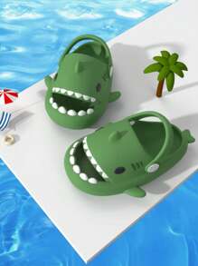 1 pieza Pantuflas de interior casuales para niños, diseño de tiburón de dibujos animados cómodo para usar en exteriores, material EVA anti-colisión y antideslizante, para niños y niñas - Verde - Ver 6