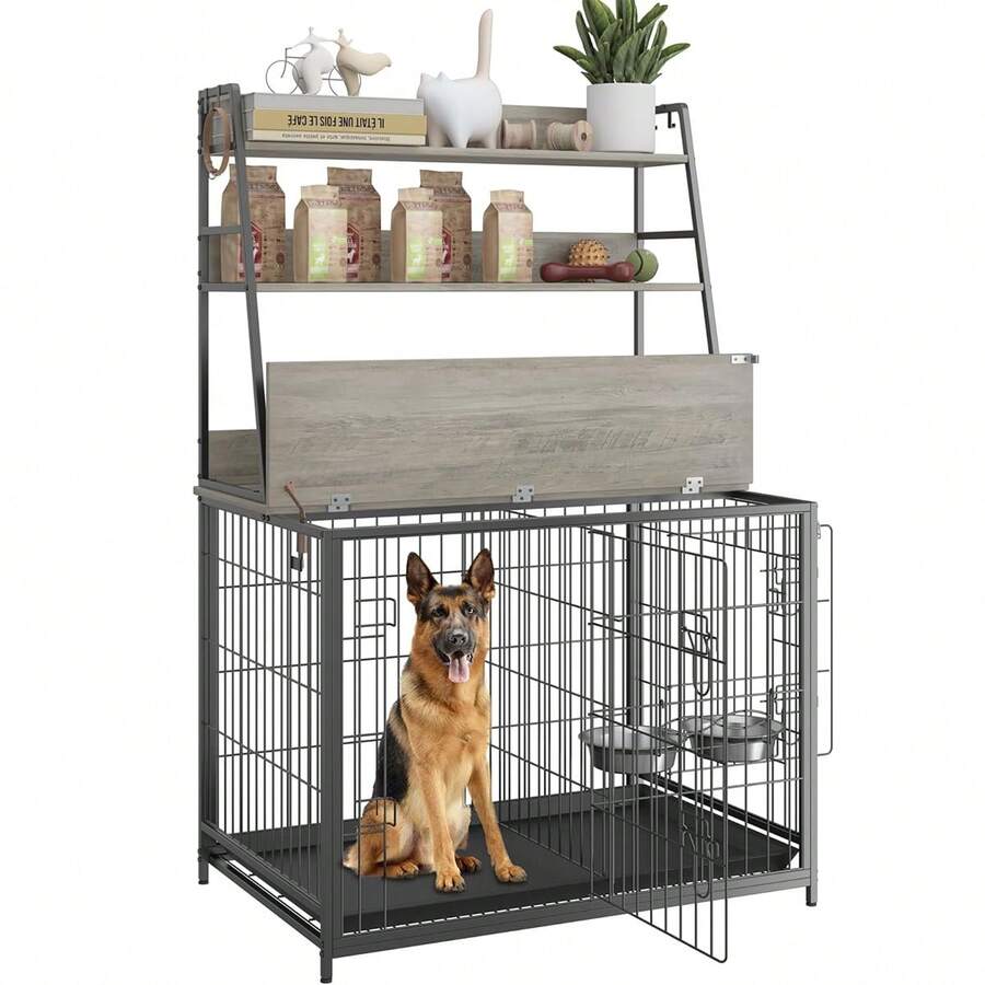 Picture of Wooden Dog Crate Furniture With Storage Shelves And Removable Tray ...