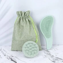 3pcs Hair Styling Tools Set Including 2pcs Wheat Straw Green Comb Set And 1pc Silicone Shampoo Brush. S Shape Design Fits The Curve Of Palm, Easy To Use, Comfortable Massage. Suitable For Hair Care, Bathing, Or As A Gift For Girls. Comes With A Matching Storage Bag. - Green - View 1