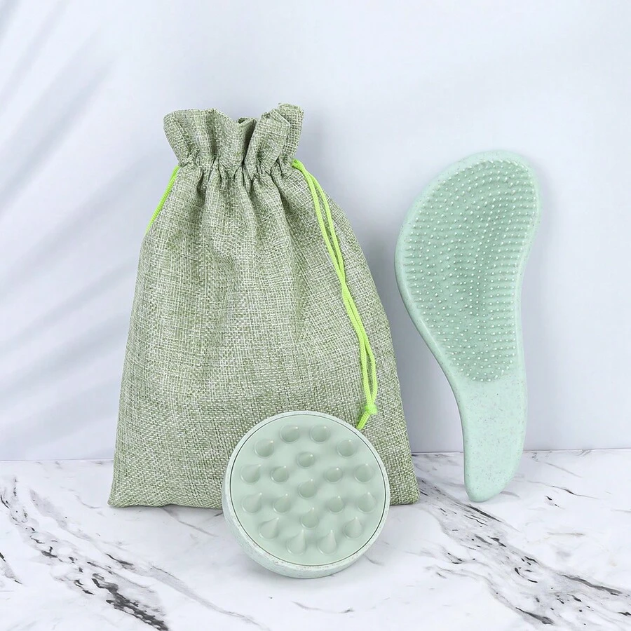 3pcs Hair Styling Tools Set Including 2pcs Wheat Straw Green Comb Set And 1pc Silicone Shampoo Brush. S Shape Design Fits The Curve Of Palm, Easy To Use, Comfortable Massage. Suitable For Hair Care, Bathing, Or As A Gift For Girls. Comes With A Matching Storage Bag. - Green - View 1