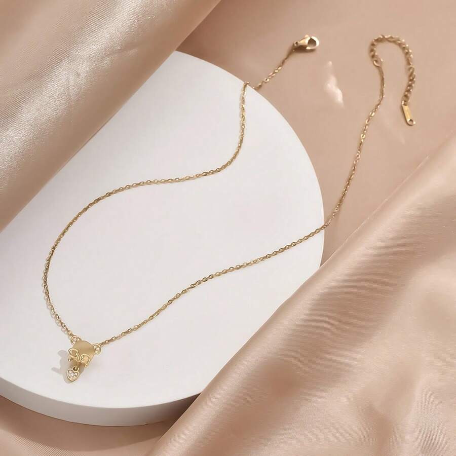 1 chiếc vòng cổ bằng thép không gỉ mạ vàng, đính đá mắt mèo và hình gấu dễ thương, thời trang, đa năng, phù hợp cho nữ, nam, cặp đôi, mặc thường ngày, dự tiệc, lễ hội. - Vàng - Xem 1