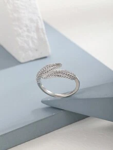 1枚鋯石鑲嵌葉子形開口可調整戒指,適合女性,時尚珠寶送禮物佳選 - 銀色 - 查看 6