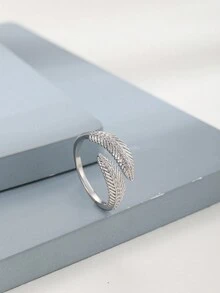 1枚鋯石鑲嵌葉子形開口可調整戒指,適合女性,時尚珠寶送禮物佳選 - 銀色 - 查看 2