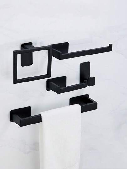 1 Set Stainless Steel Bathroom Hanging Accessories, Thickened Towel Bar With Towel Ring, No-Drill Robe Hook, Toilet Paper Holder, Bathroom Storage Rack