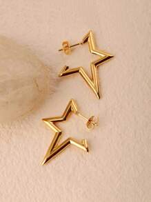 1 对简约风格不对称星形不锈钢耳环，适合女性日常生活和聚会或作为礼物 - 金黃色 - 查看 11