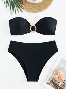 New Sexy Bikini Set With Metallic Details, Strapless And 2 Pieces Summer - Black - View 7