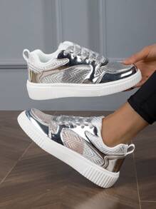 New Spring-Summer Arrival Metallic Silver Perforated Breathable Sneakers For Women
