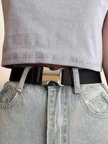 1pc Canvas Belt, Unisex Style, No-Drill Belt For Women, Ins Style, Matched With Jeans - Black - View 1