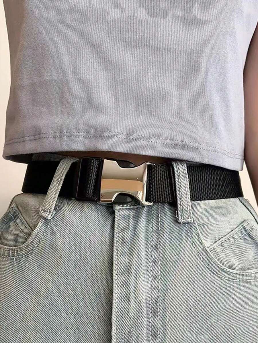 1pc Canvas Belt, Unisex Style, No-Drill Belt For Women, Ins Style, Matched With Jeans - Black - View 1