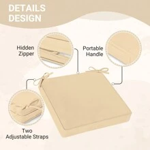 Downluxe Outdoor Chair Cushions For Patio Furniture, Waterproof Square Corner Memory Foam Patio Chair Cushion With Adjustable Ties And Portable Handle, 19" X 19" X 3" - 米色 - 查看 4