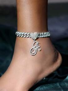 13 毫米银色链式脚链，女式草书吊坠，迈阿密链式脚链，女式嘻哈冰雪字母链式脚链详细图片按字母顺序排列在末尾 - 銀色 - 查看 13
