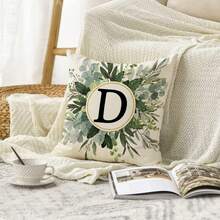 1pc English Letter A-Z & Leaf Print Pillowcase, Modern Square Cushion Cover For Spring/Summer Home Decor, Not Included Pillow Core - D - View 3
