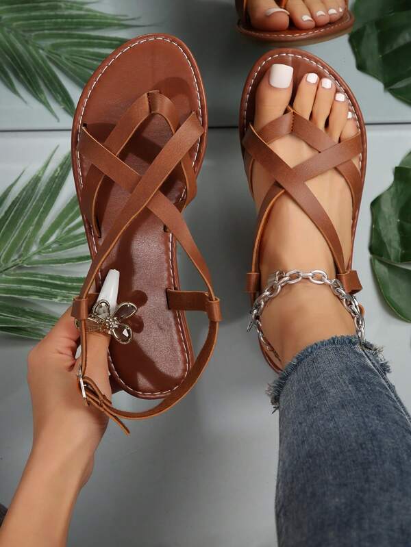 2024 Summer Cross Strap Comfortable Flat Sandals, Roman Style Casual Beach Flat Shoes For Women