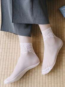 5 Pairs/Set Women's Mesh Breathable Lace Short Socks With Ruffle Trim In Black, White, Grey, Skin Color, Pink For Spring And Summer - Multicolor - View 7
