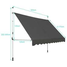 Tenda da sole a morsetto larga 300 cm, tenda da sole per terrazze senza foratura, resistente ai raggi UV, regolabile in altezza e idrorepellente, tenda da sole a scomparsa con manovella, protezione solare per balconi in metallo e Oxford, grigio - nero - Visualizzare 2