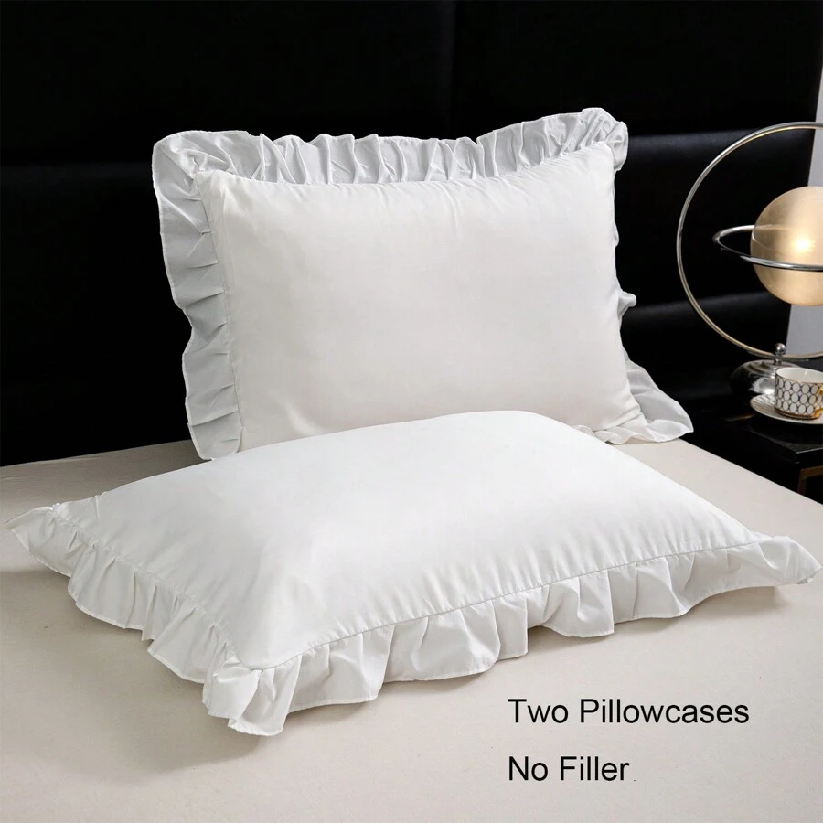2pcs Black, White, Gray Solid Color Polyester Lace Pillow Covers, Machine Washable - White - View 1
