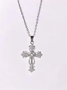 1pc Simple Rhinestone & Faux Pearl Inlaid Cross Pendant Stainless Steel Chain Necklace For Women And Men, Daily Wear