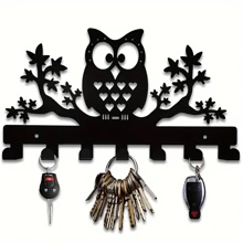 1pc Owl Pattern Metal Wall Mounted Key Storage Rack With 7 Hooks, Wall Hanging Hooks For Keys, Towel, Umbrella, Decorative Organizer Rack For Hats, Bags, Wall Decor, Aesthetic Room Decor - Black - View 1