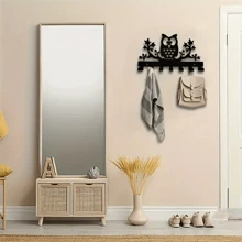 1pc Owl Pattern Metal Wall Mounted Key Storage Rack With 7 Hooks, Wall Hanging Hooks For Keys, Towel, Umbrella, Decorative Organizer Rack For Hats, Bags, Wall Decor, Aesthetic Room Decor - Black - View 2