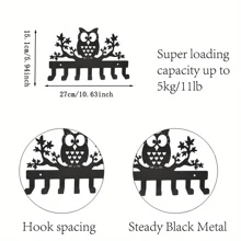 1pc Owl Pattern Metal Wall Mounted Key Storage Rack With 7 Hooks, Wall Hanging Hooks For Keys, Towel, Umbrella, Decorative Organizer Rack For Hats, Bags, Wall Decor, Aesthetic Room Decor - Black - View 3