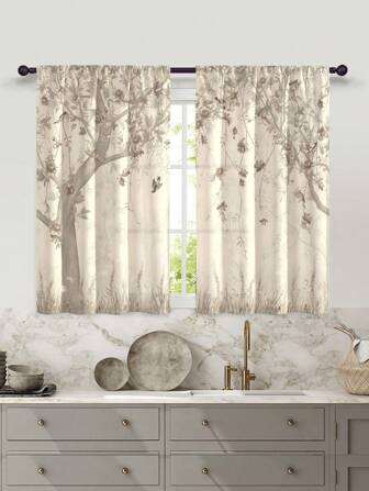 2 Piezas Cortinas De Bolsillo Para Varilla Impresas Digitalmente Con Diseño Floral Multicolor De Estilo Moderno Y Sencillo, Adecuado Para Todas Las Estaciones Y Para La Decoración Del Hogar, Incluyendo La Cocina
