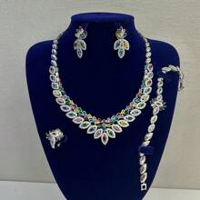 Dubai Luxury Faux Pearl Shimmer Heavy Duty Multicolored Cubic Zirconia 4-Piece V-Shaped Pakistani Saudi Arabian Bridal Party Jewelry Set Wedding Accessories Gift - Four Piece Set - View 14