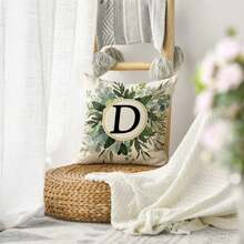 1pc English Letter A-Z & Leaf Print Pillowcase, Modern Square Cushion Cover For Spring/Summer Home Decor, Not Included Pillow Core - D - View 5