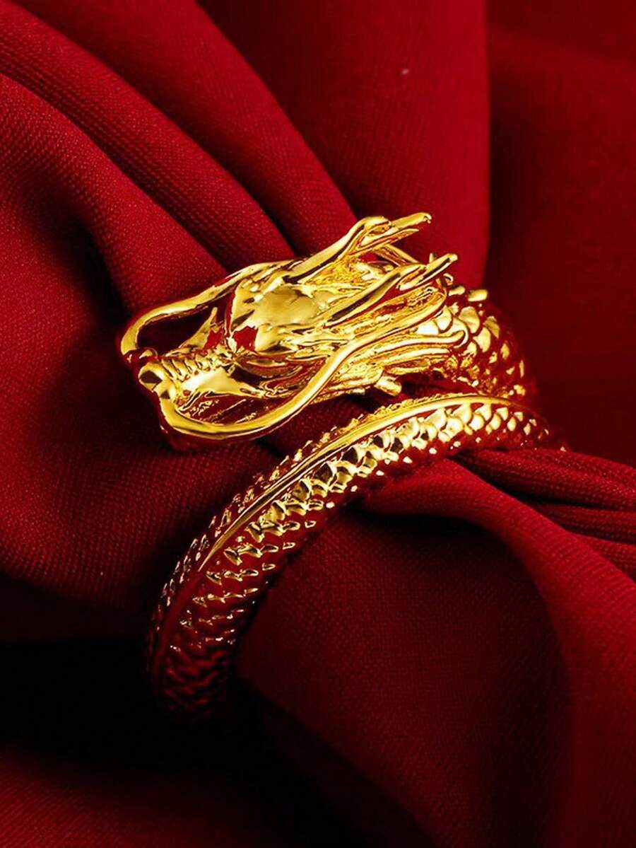 1pc Women Personalized Dragon Head Ring, Adjustable Open Ring - Yellow Gold - View 1