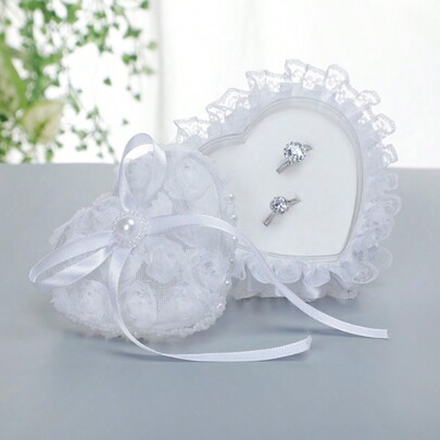 1pc Heart Shaped Portable Proposal Ring Box With Lace & Flower Trim, Wedding Ring Pillow For Flower Girl,Christmas