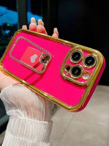 新品粉色鍍金氣墊金邊細孔相機tpu防摔手機殼和時尚紅色手機支架,iphone兼容 - 粉色 - 查看 2