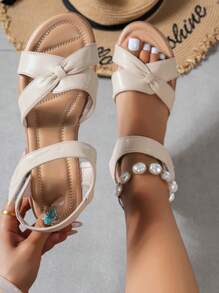 女士软底宽楦凉鞋，尺码大，平底，舒适妈妈鞋，魔术贴搭扣，沙滩鞋 - 杏色 - 查看 3