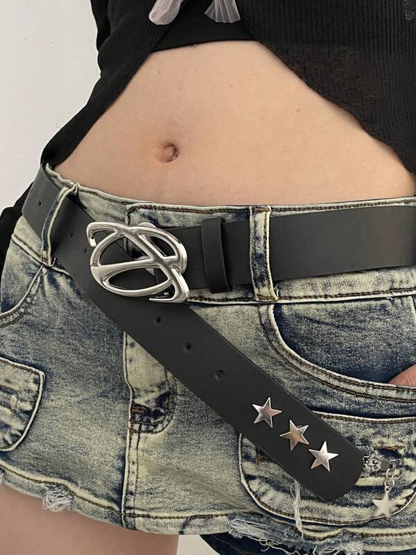 Street 1pc Personalized Black Pu Leather Belt With Star Decoration And Saturn Buckle Halloween Summer, School