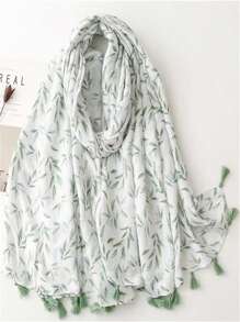 1件 2024 优雅树叶图案休闲女士春夏手工流苏雪纺围巾、头巾、披肩、围巾、沙滩巾、礼品 - 彩色 - 查看 1