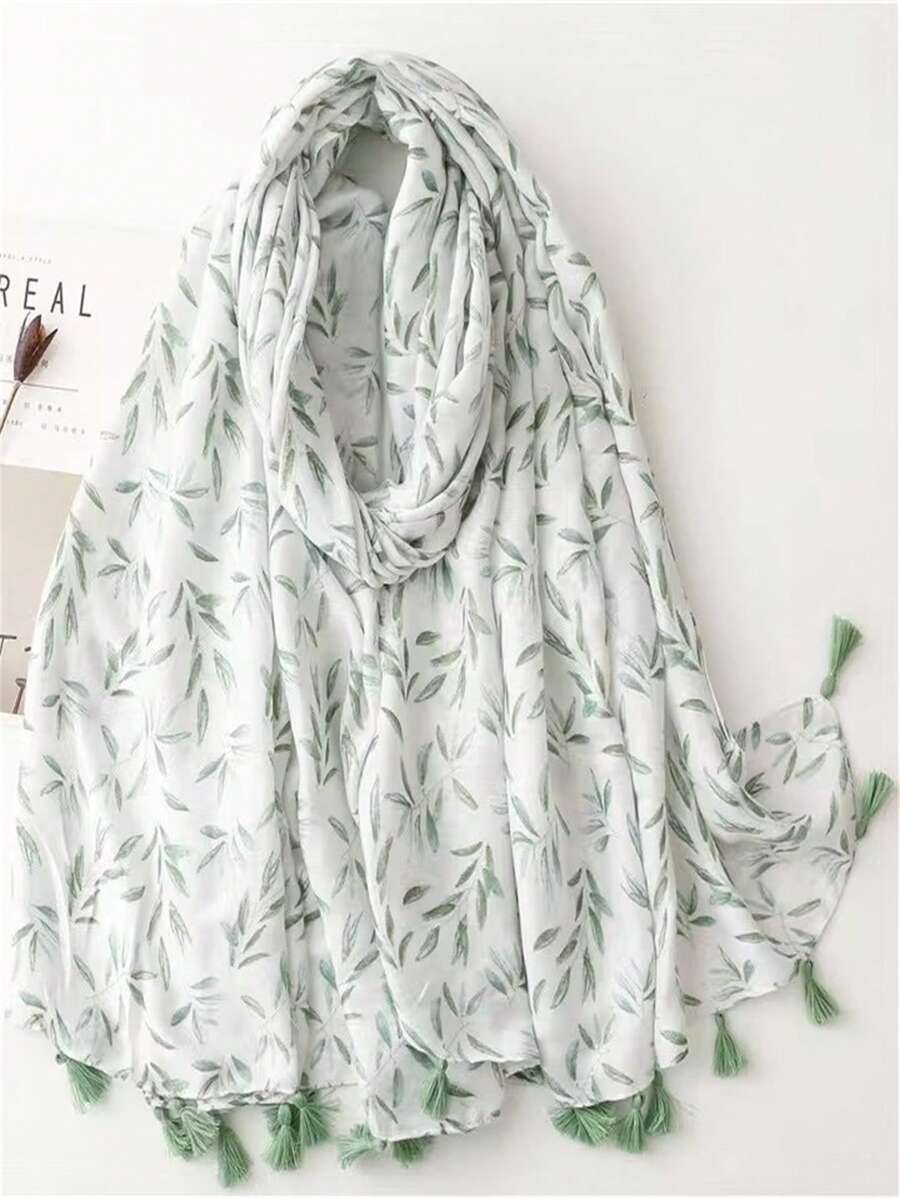 1件 2024 优雅树叶图案休闲女士春夏手工流苏雪纺围巾、头巾、披肩、围巾、沙滩巾、礼品 - 彩色 - 查看 1