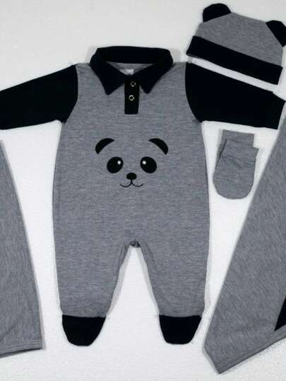 Saída De Maternidade Panda Menino 5 Peças Azul Vermelho Cinza Branco