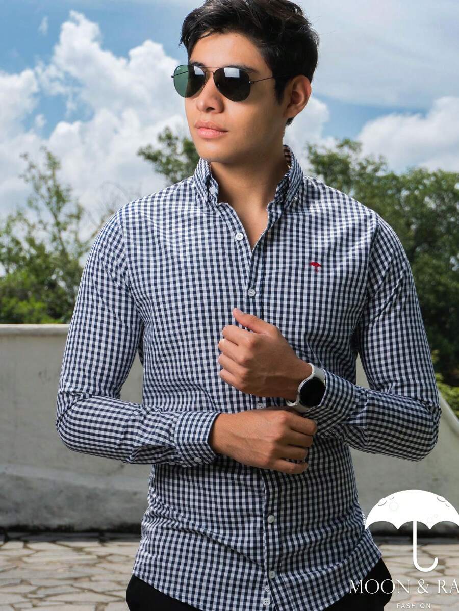 Camisa Hombre Casual Slim Fit Mini Cuadros Negro Y Blanco - Negro - Ver 1