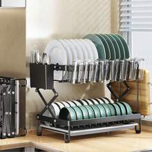 1pc,2 Tier,Dish Draining Rack,Multifunctional Anti-Rust Dish Rack,Cutlery Rack With Drainboard And Drip Line,Kitchen Sink Countertop Dish Storage Rack,Foldable Space-Saving Dish Rack,Knife And Fork Holder,Cup Holder,Kitchen Accessories - White - View 1