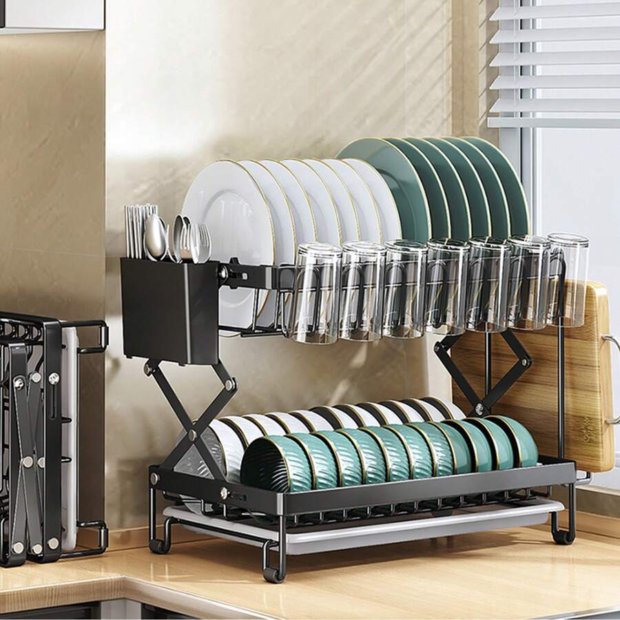 1pc,2 Tier,Dish Draining Rack,Multifunctional Anti-Rust Dish Rack,Cutlery Rack With Drainboard And Drip Line,Kitchen Sink Countertop Dish Storage Rack,Foldable Space-Saving Dish Rack,Knife And Fork Holder,Cup Holder,Kitchen Accessories - White - View 1