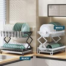 1pc,2 Tier,Dish Draining Rack,Multifunctional Anti-Rust Dish Rack,Cutlery Rack With Drainboard And Drip Line,Kitchen Sink Countertop Dish Storage Rack,Foldable Space-Saving Dish Rack,Knife And Fork Holder,Cup Holder,Kitchen Accessories - White - View 3