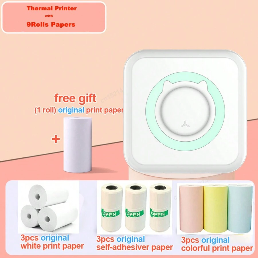 Portable Thermal Printer, Pocket Printer With 13 Rolls Paper Wireless Smart Printer Compatible With IOS + Android For Photo Office Label Study Notes Gift