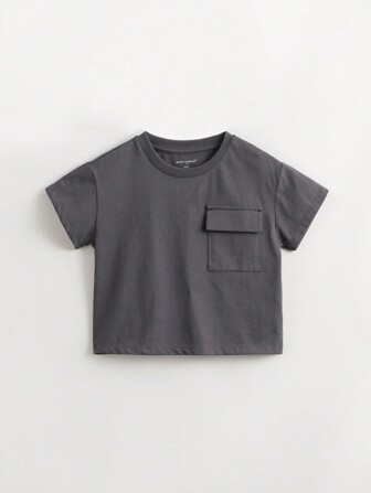 MARC&JANIE Ung pojke Casual Enkel Sport Snygg patchficka Rundhalsad kortärmad T-shirt, sommar